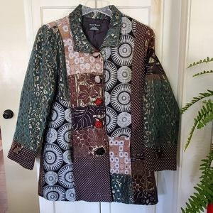Sacred Threads Womens Boho Quilted Coat Tapestry Patchwork Art To Wear Jacket